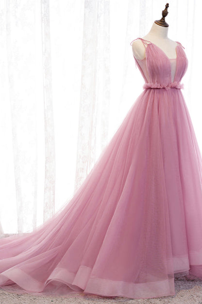 Pink tulle long prom dress A line evening dress M5378