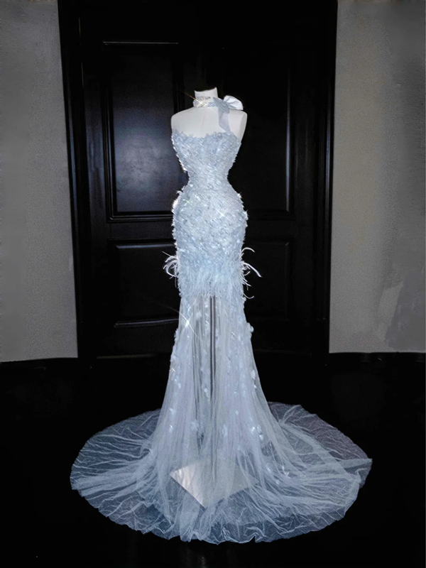 Light blue tube top slim waist fairy sexy long skirt, prom dress R5655