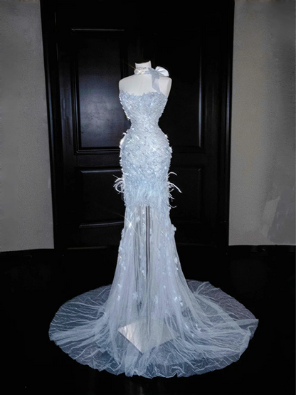 Light blue tube top slim waist fairy sexy long skirt, prom dress R5655