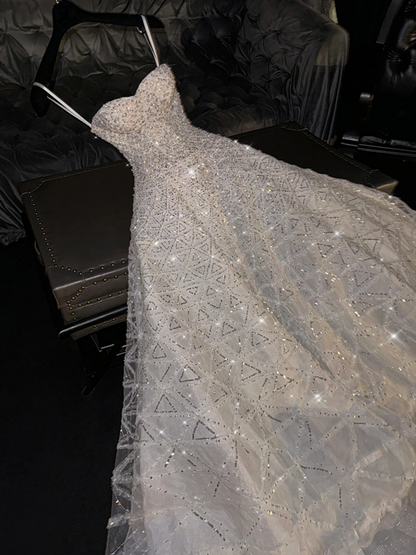 White halter-neck rhinestone-embellished long ball gown/bridal dress R8766