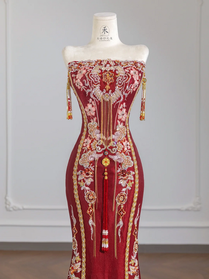 Red strapless embroidered vintage floral pattern fitted long ball gown/bridal dress R8250