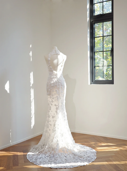 White floral appliqué sexy fitted long ball gown/bridal dress R8455