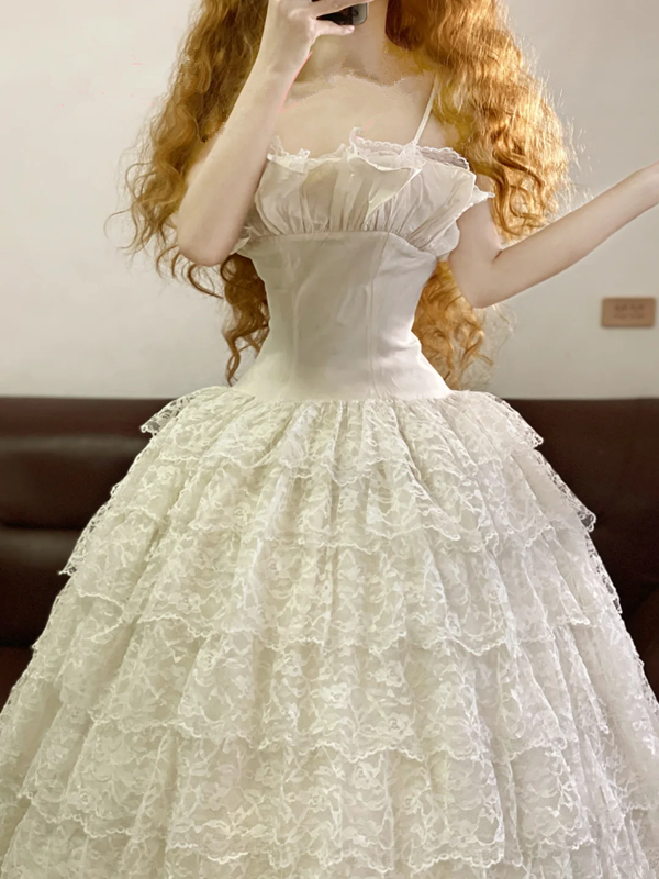 White Spaghetti-Strap Waist-Cinched Lace Puffy-Hem Ball Gown, Bridal Gown R7323