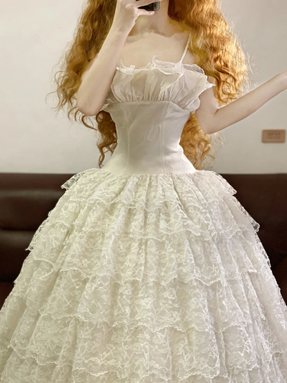 White Spaghetti-Strap Waist-Cinched Lace Puffy-Hem Ball Gown, Bridal Gown R7323