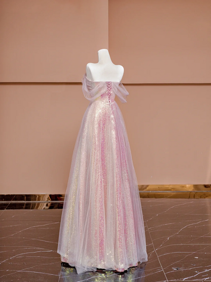 Light pink off-the-shoulder sequined fitted long ball gown, bridal dress R8425