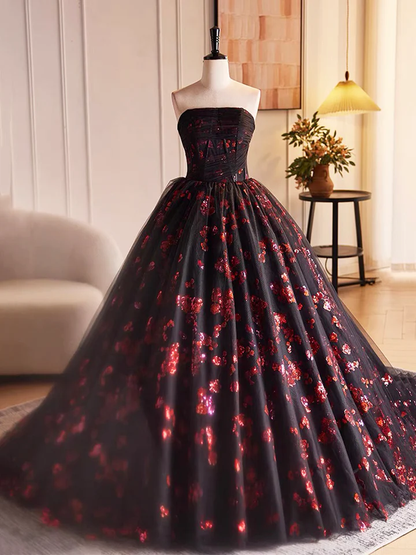 Black Tulle and Red Sequins A-Line Strapless Formal Party Dress Evening Gown MD7190