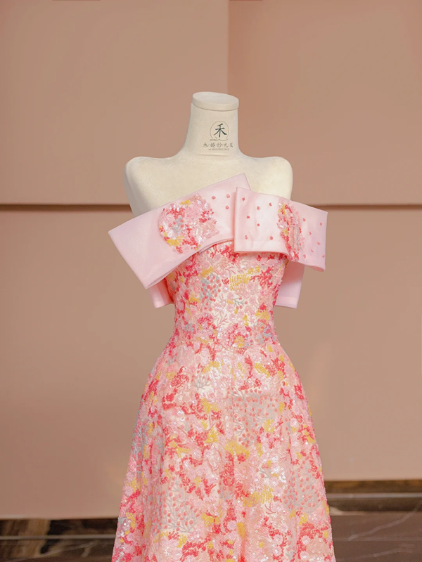 Pink floral print off-the-shoulder fitted A-line long ball gown/bridal dress R8395