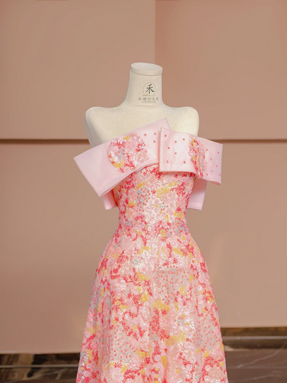 Pink floral print off-the-shoulder fitted A-line long ball gown/bridal dress R8395