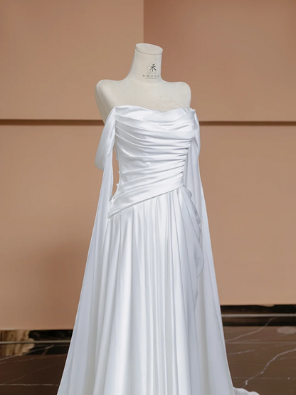 White satin off-the-shoulder fitted long elegant ball gown/bridal dress R8338
