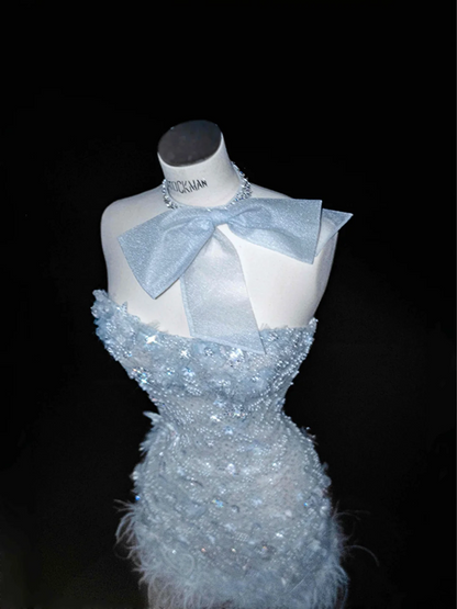 Light blue tube top slim waist fairy sexy long skirt, prom dress R5655