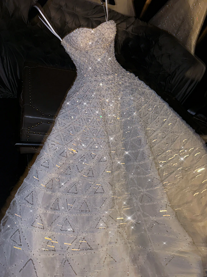 White halter-neck rhinestone-embellished long ball gown/bridal dress R8766