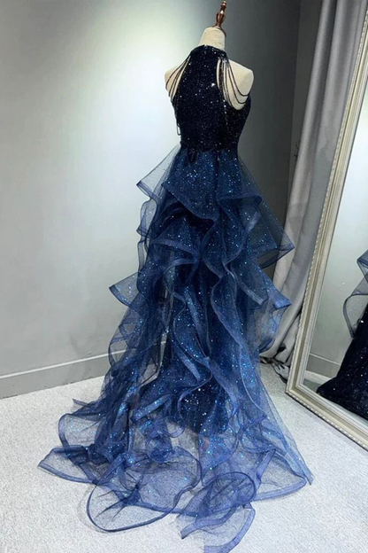 Dark Navy Halter Mermaid Sequins Long Formal Party Dresses Evening Gown, D851