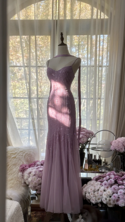 Light purple halter-neck fitted bodycon long ball gown R7725