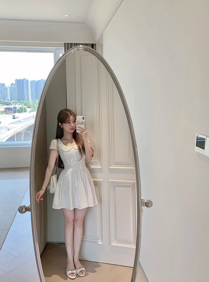 White baby doll collar slim waist A-line cute short skirt R5033