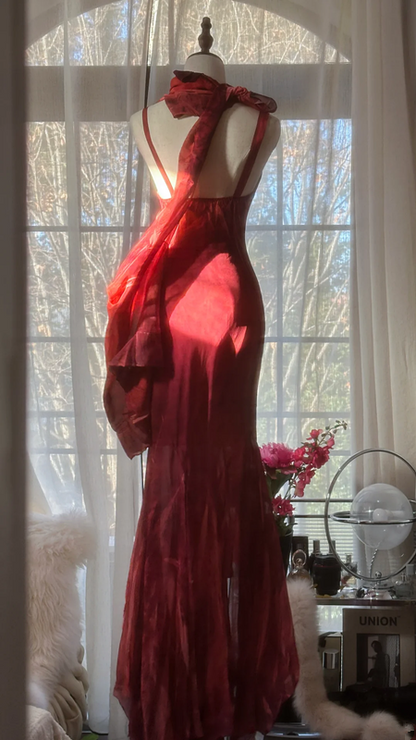Red halter-neck fitted bodycon long ball gown R7685