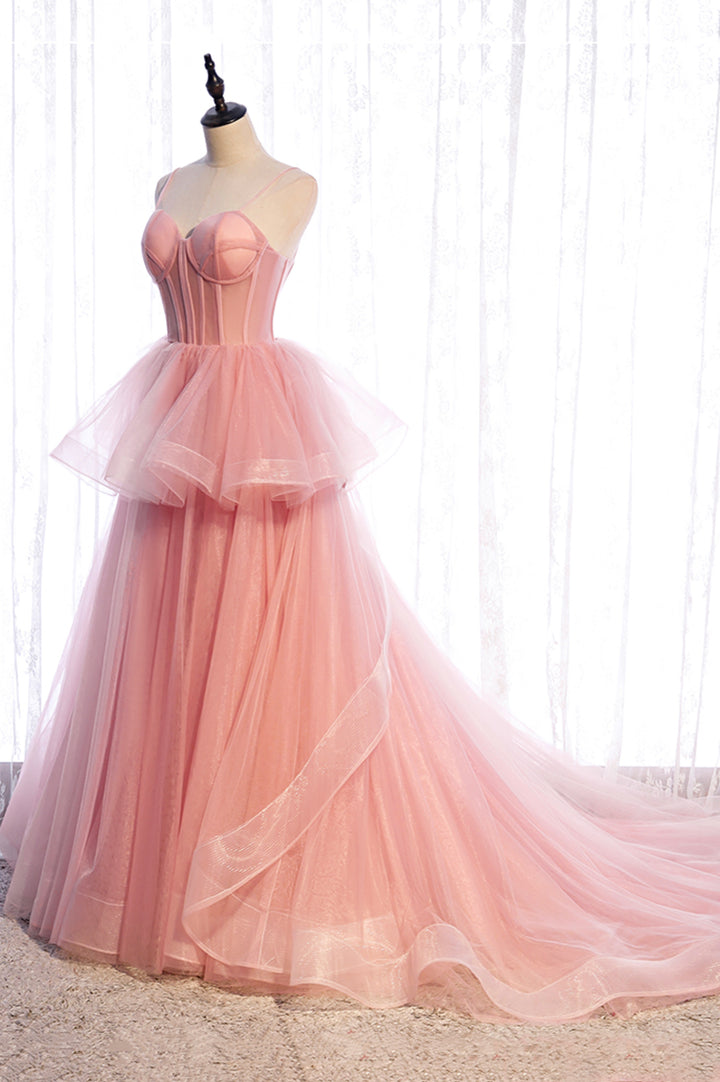 Pink tulle long prom dress A line evening gown M5355