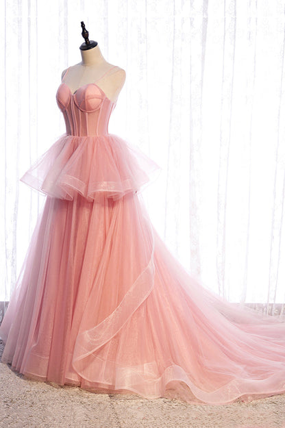 Pink tulle long prom dress A line evening gown M5355