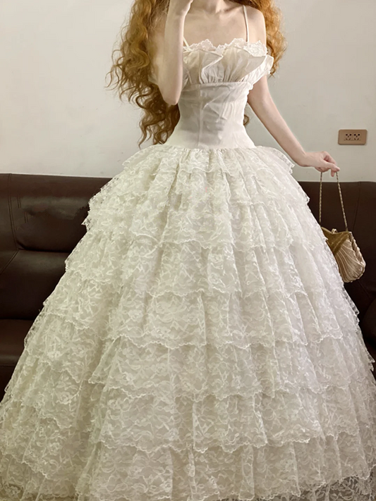 White Spaghetti-Strap Waist-Cinched Lace Puffy-Hem Ball Gown, Bridal Gown R7323