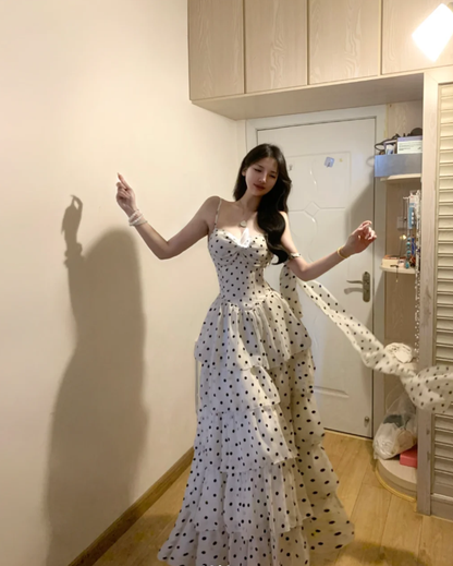 Cute Spaghetti Straps White Chiffon Dot Layered A Line Long Prom Gown Formal Birthday Party Dress