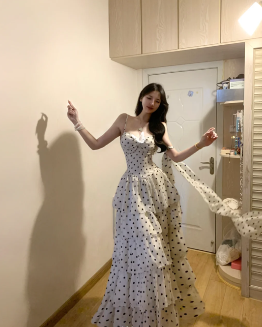 Cute Spaghetti Straps White Chiffon Dot Layered A Line Long Prom Gown Formal Birthday Party Dress