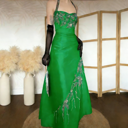 Vintage Halter Brown Satin Beaded Mermaid Evening Dress Long Party Dress Prom Gown With Gloves