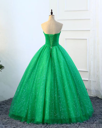 Strapless Green Sequins Tulle Long A Line Beaded Prom Dress, Formal Dress M5445