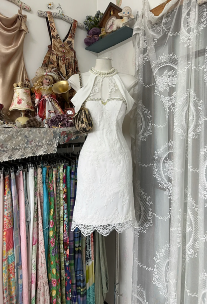 White halterneck sleeveless waist slim fit A-line lace skirt short ball gown R6171