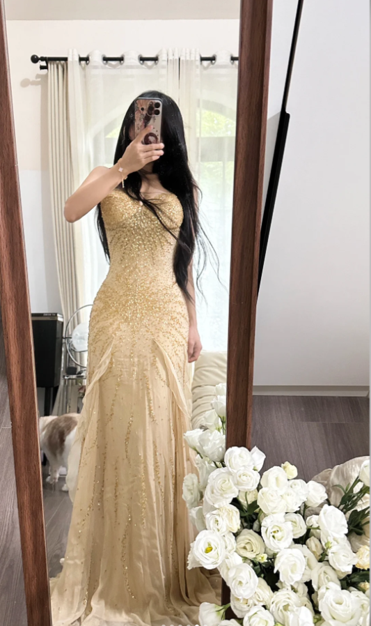 Pretty Spaghetti Straps Chiffon Beaded Ruffles Long Party Dress Yellow Mermaid Evening Dress D2308