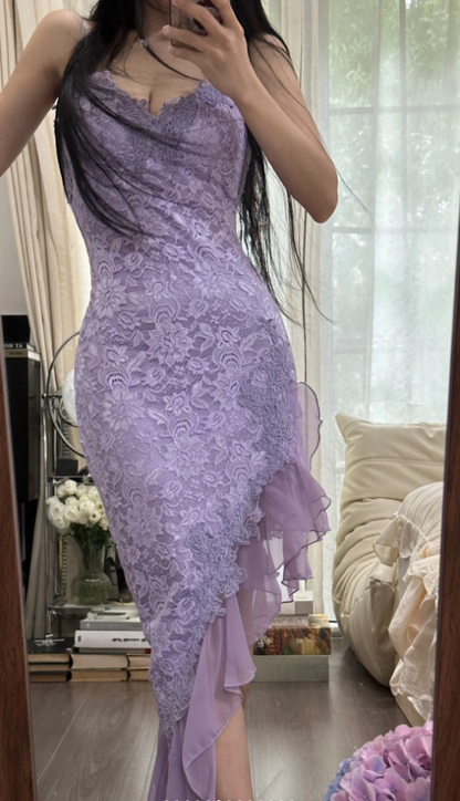 Pretty Spaghetti Straps Lavender V Neck Lace Chiffon Ruffles Long Party Dress Birthday Dress D2305