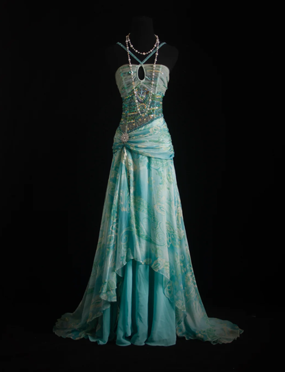 Classy Mint Green Chiffon Print Floral Beaded Mermaid Long Party Dress Formal Birthday Evening Gown