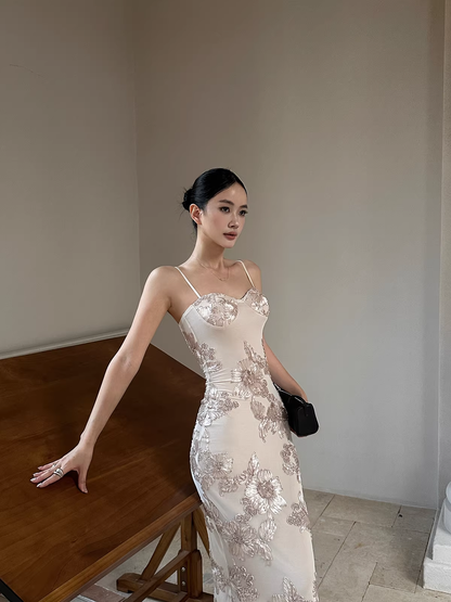 Unique Champagne Satin Floral Mermaid Evening Dress Spaghetti Straps Long Party Gown