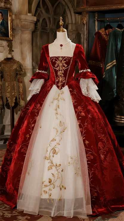 Red vintage long sleeve slim waist puffy skirt ball gown, bridal gown R6091