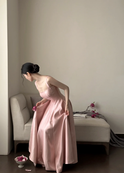 Champagne pink spaghetti strap, waist‑cinching, slim‑fit, elegant long ball gown R7995