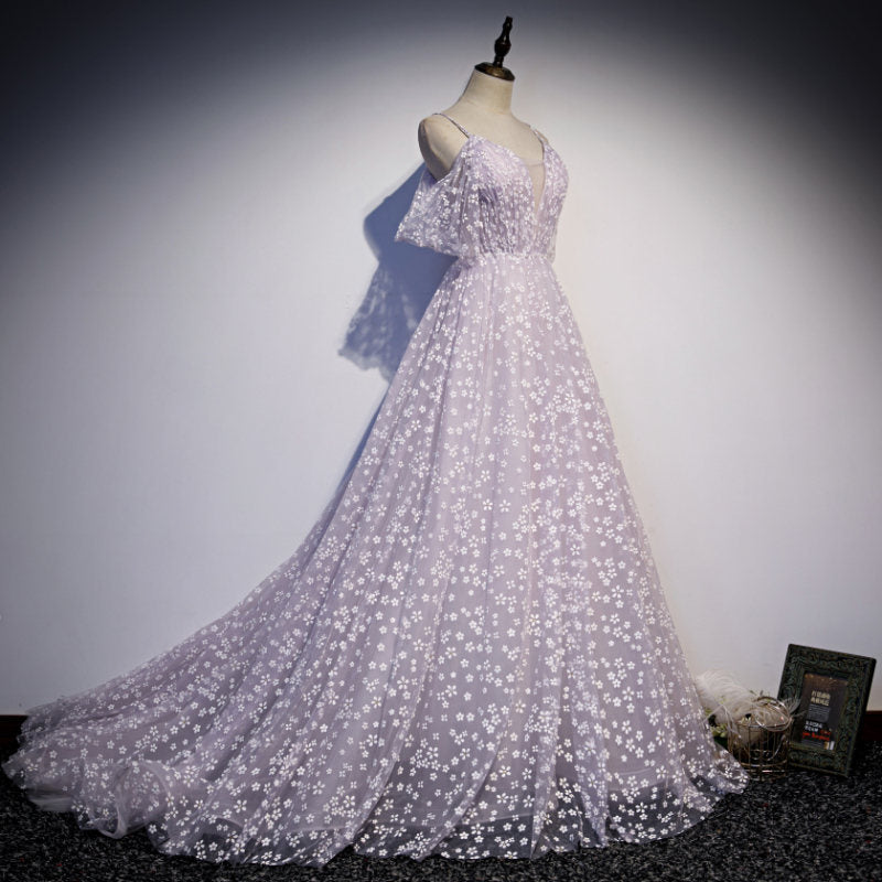 Princess Lilac Floral Prom Dress with Cold Sleeves M5514