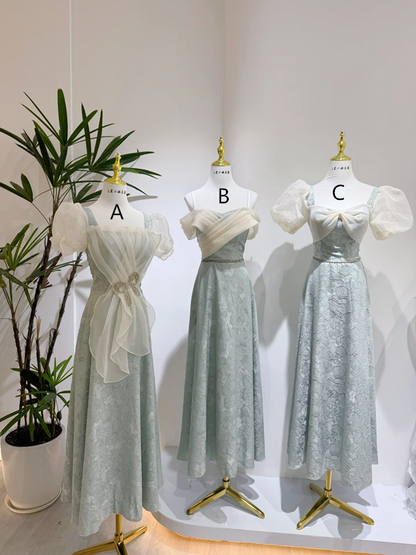 Light blue waist-cinched slim-fit ball gown, bridesmaid dress R5931