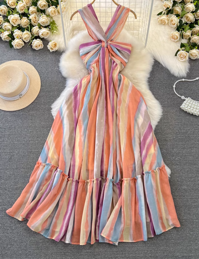 Dopamine wear rainbow stripes gradient halter neck long skirt V-neck waist A-line big swing dress R0377
