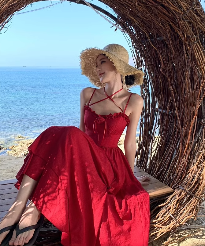 Photo-taking temperament romantic red rose lace-up large waist slimming suspender dress R0188