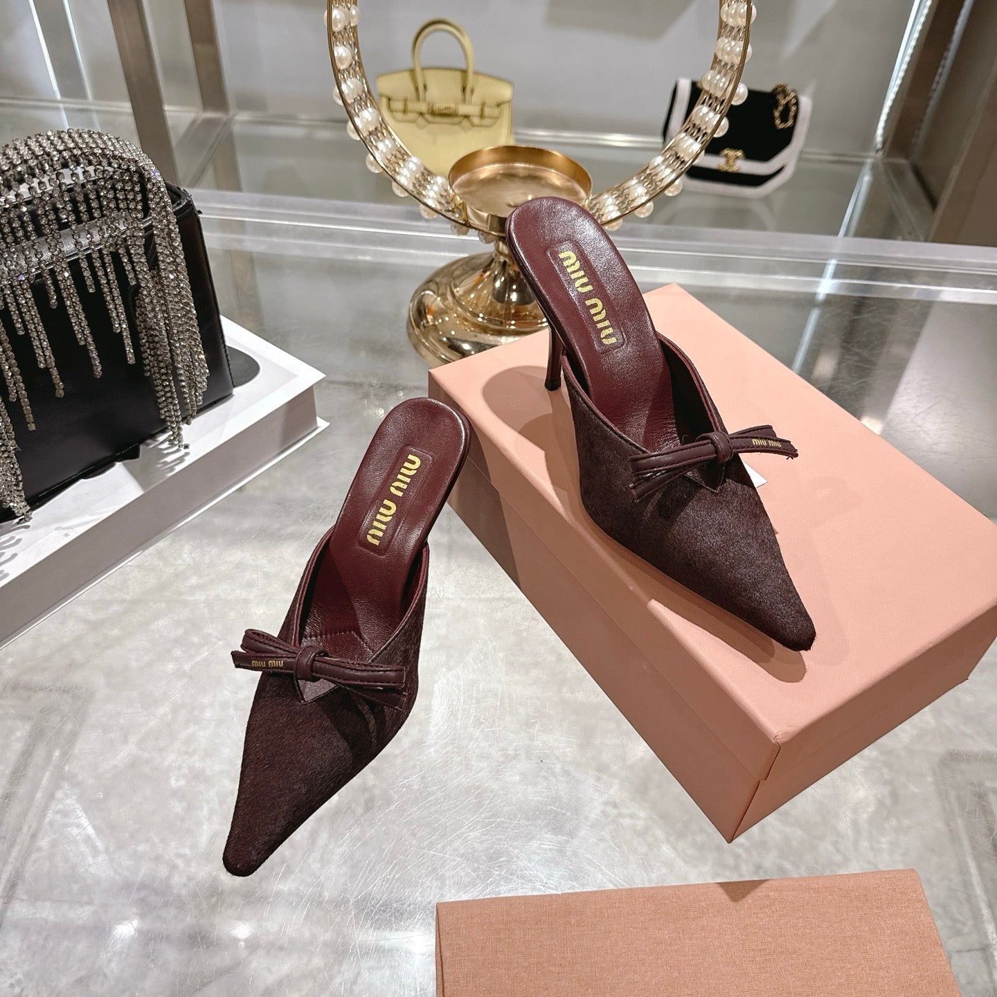 Miu 26 Pointed Toe High Heel Burgundy Suede Sheepskin 592088