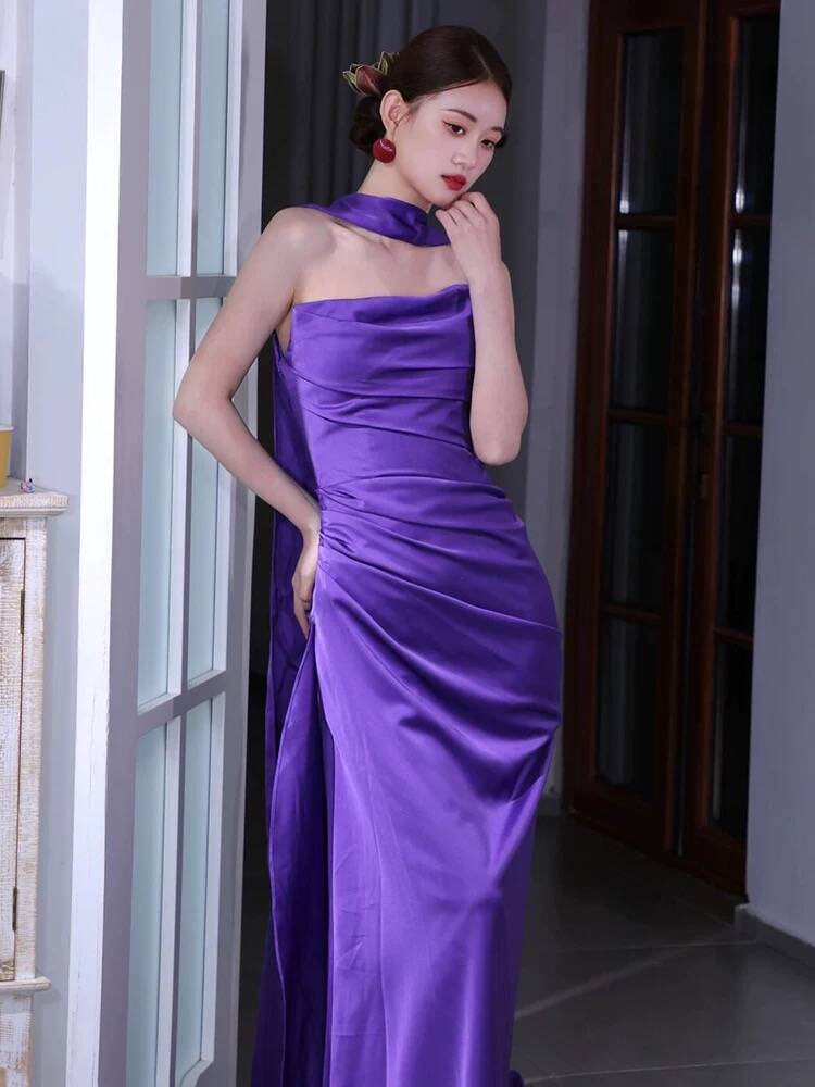 Charming Purple Strapless Mermaid Satin Long Party Dress Evening Gown, D968
