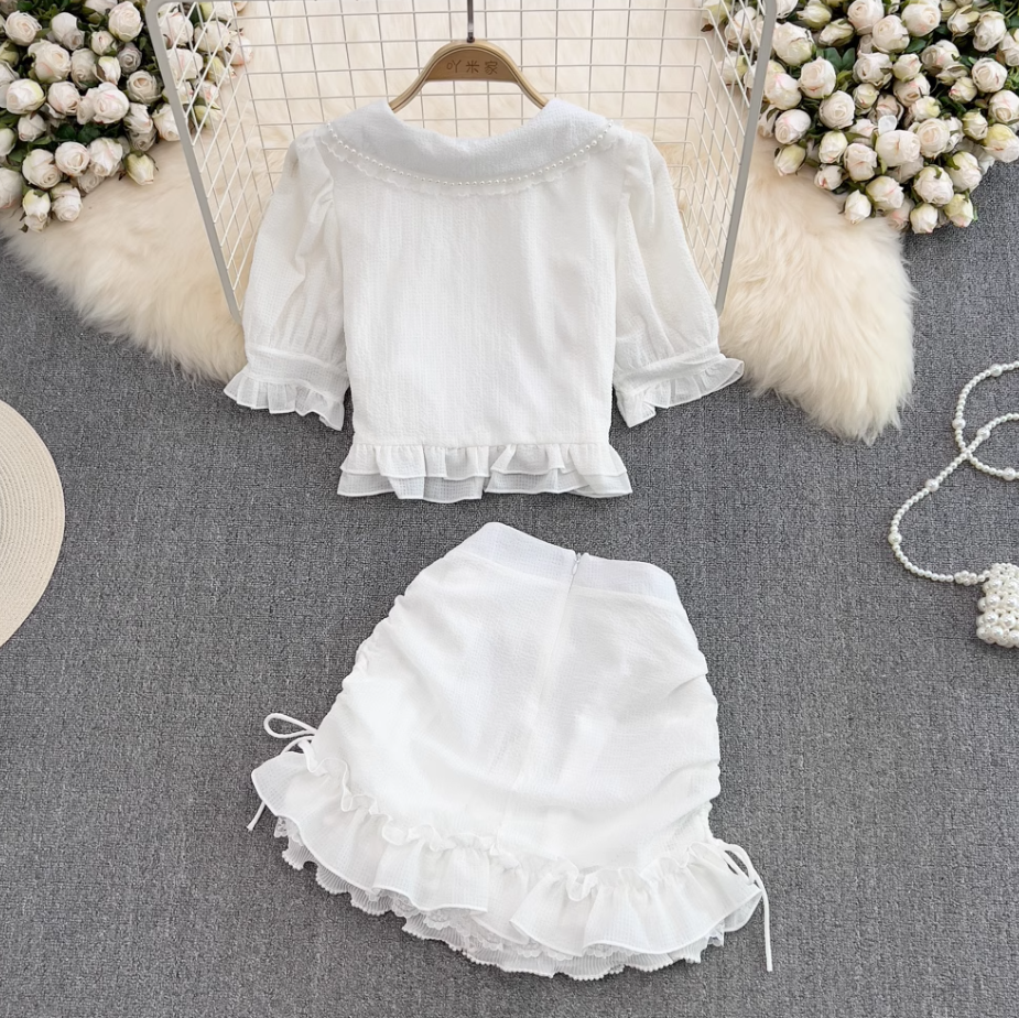 First love girl doll collar ruffled short shirt two-piece suit high waist hip skirt small size R0394
