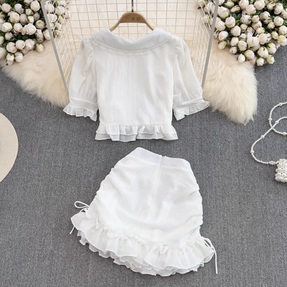 First love girl doll collar ruffled short shirt two-piece suit high waist hip skirt small size R0394
