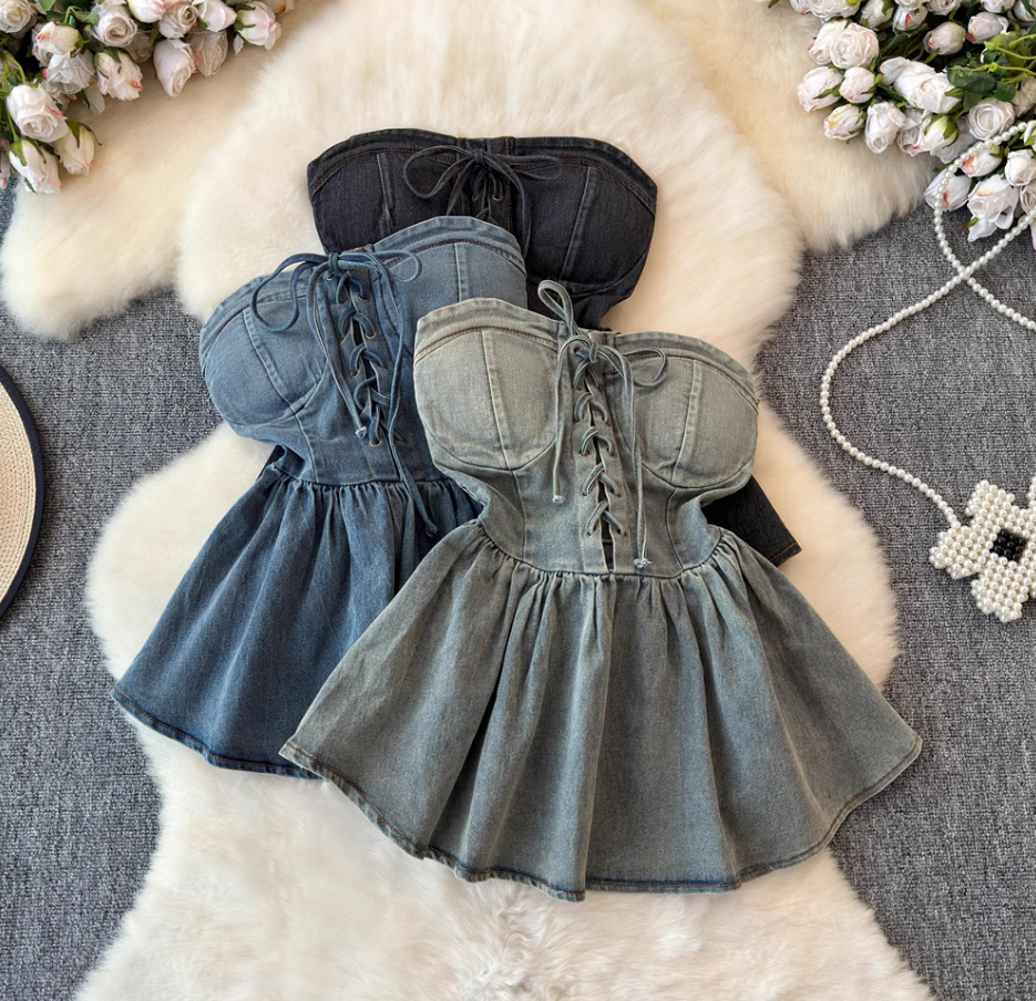American style hottie tops for women Millennial style sexy slim fit denim tube tops for women R0365