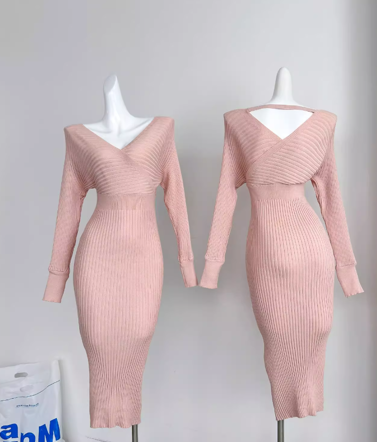 Pure desire slim waist sexy hip pink dress V-neck bottom knitted long skirt R0296