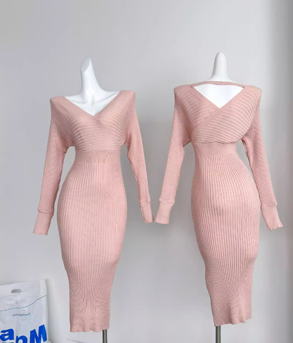 Pure desire slim waist sexy hip pink dress V-neck bottom knitted long skirt R0296