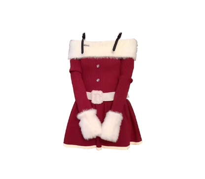 Christmas outfit red one-shoulder long-sleeved knitted New Year's battle robe suspender skirt R0022