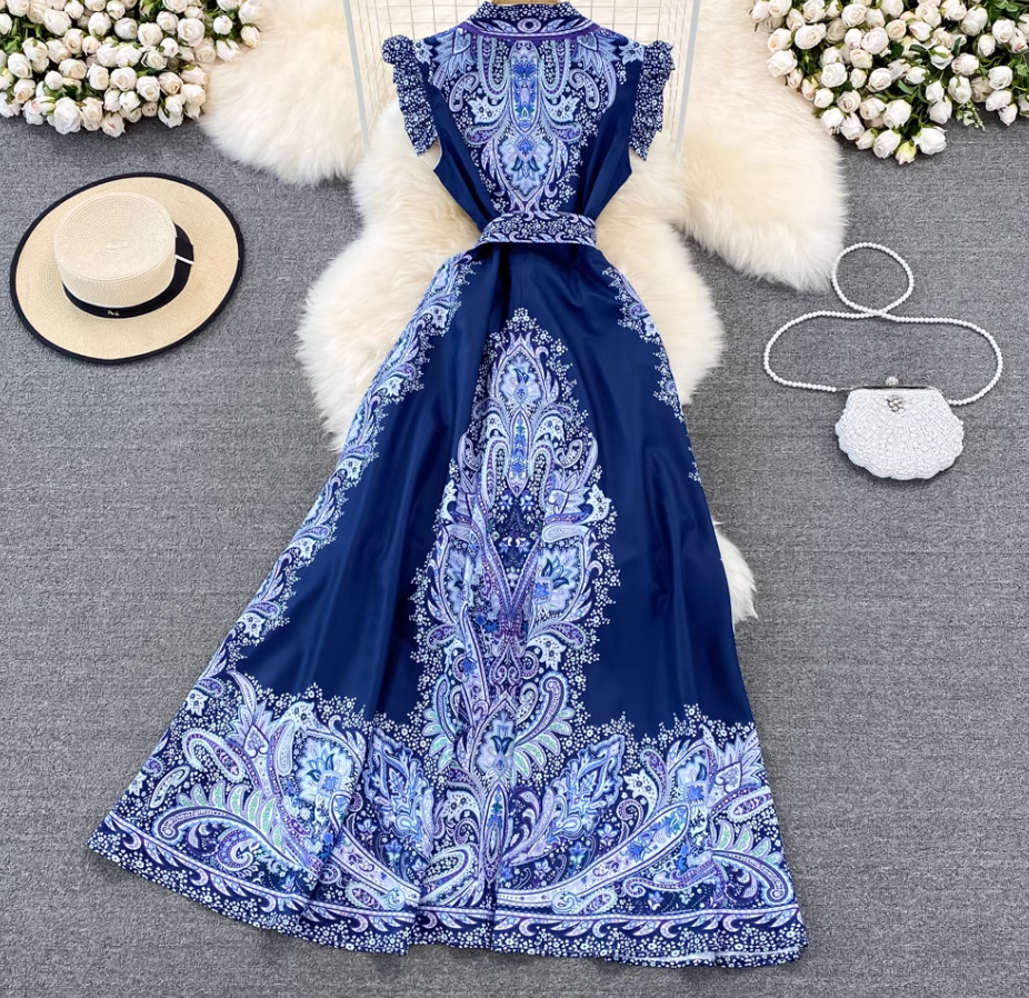 Retro palace style goddess style single-breasted lapel print dress elegant A-line long skirt R0361