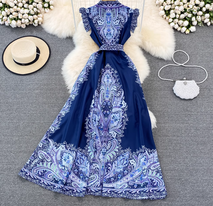 Retro palace style goddess style single-breasted lapel print dress elegant A-line long skirt R0361