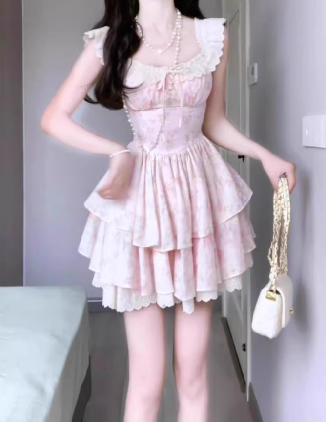 Pink floral dress beautiful niche waist puffy short skirt R0745