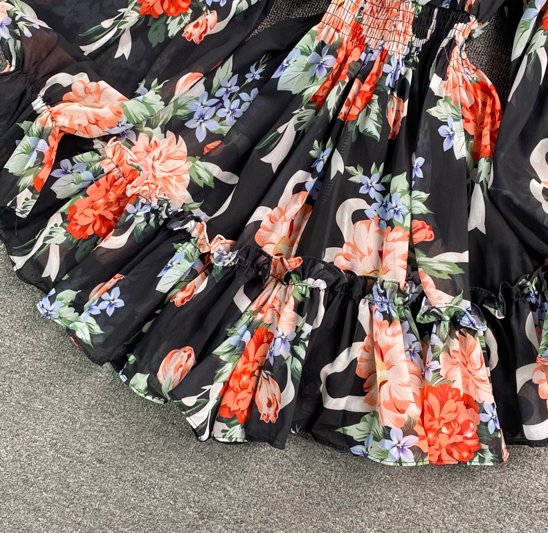 Holiday one-shoulder off-shoulder printed chiffon jumpsuit skirt super fairy wide-leg pants jumpsuit R0380