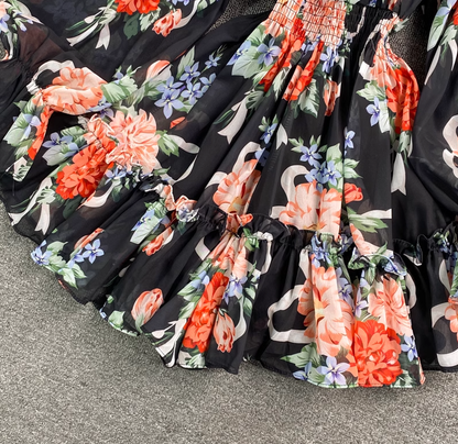 Holiday one-shoulder off-shoulder printed chiffon jumpsuit skirt super fairy wide-leg pants jumpsuit R0380
